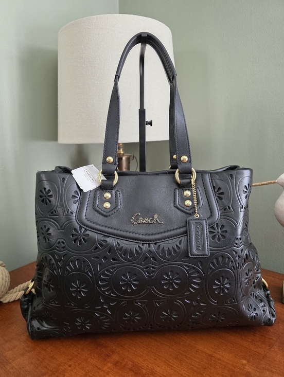 Coach Handbags - Coach F21833 Ashley Lace Carryall Black Cutout Leather Tote Bag NWT